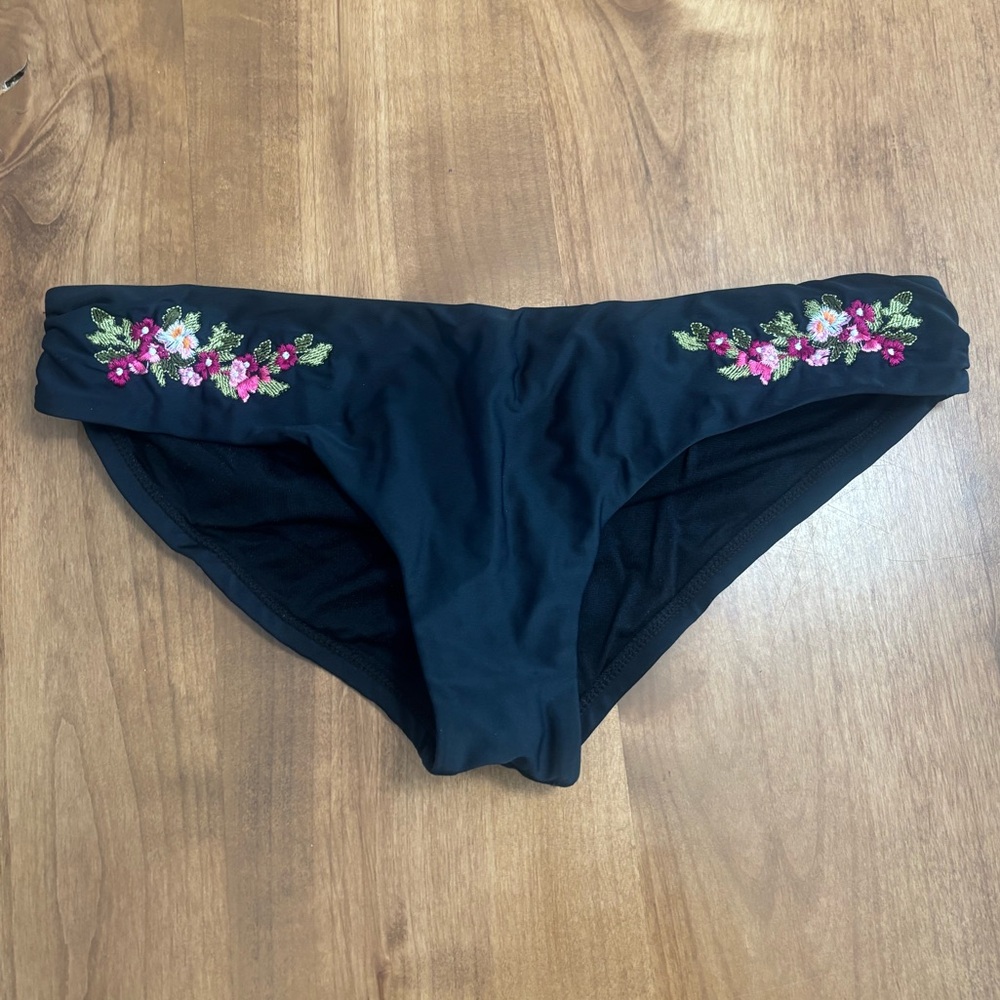 Black Bikini Bottoms with Pink Floral Embroidery
